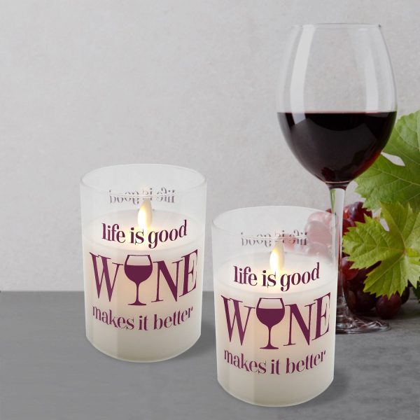 Battery Operated Glass LED Candles with Moving Flame, Life is Good, Wine Makes it Better Online Hot Sale